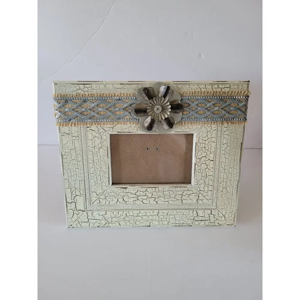 Country Style Picture Frame w/ Metal Flower Holds 3